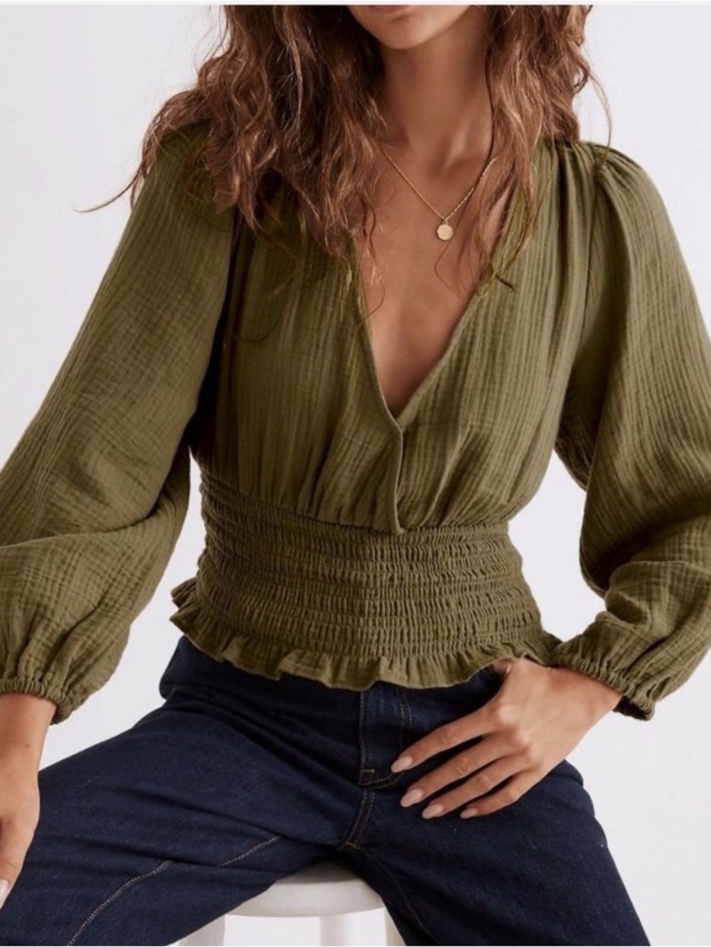Madewell wrap front smocked long sleeve top in Olive